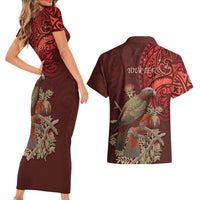 New Zealand Kaka Bird Personalised Couples Matching Short Sleeve Bodycon Dress and Hawaiian Shirt Pohutukawa Matariki Maori Pattern