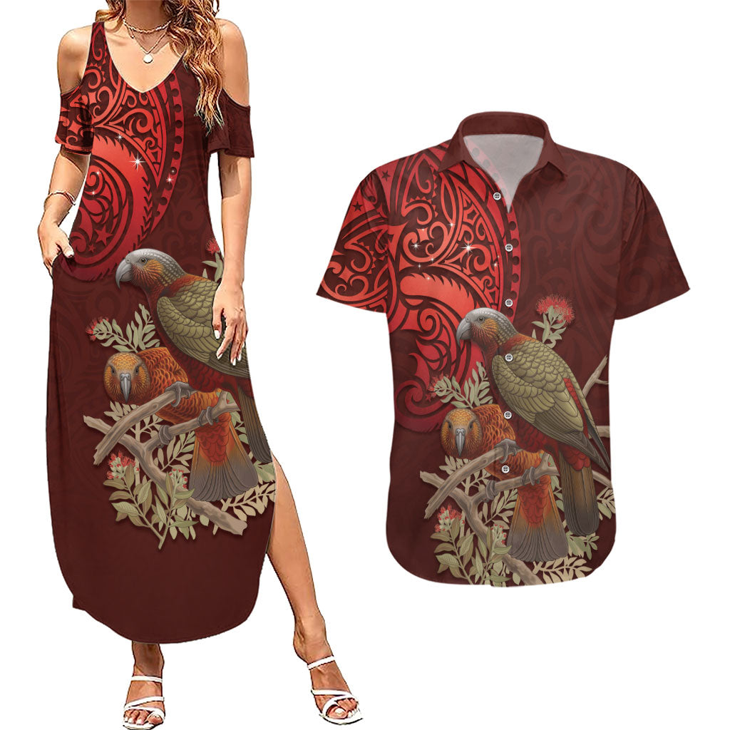 New Zealand Kaka Bird Personalised Couples Matching Summer Maxi Dress and Hawaiian Shirt Pohutukawa Matariki Maori Pattern