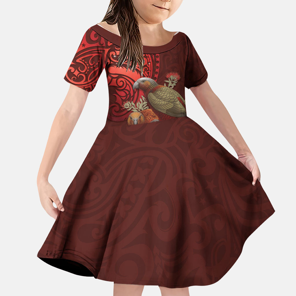 New Zealand Kaka Bird Personalised Family Matching Long Sleeve Bodycon Dress and Hawaiian Shirt Pohutukawa Matariki Maori Pattern LT22 Daughter's Dress Red - Polynesian Pride