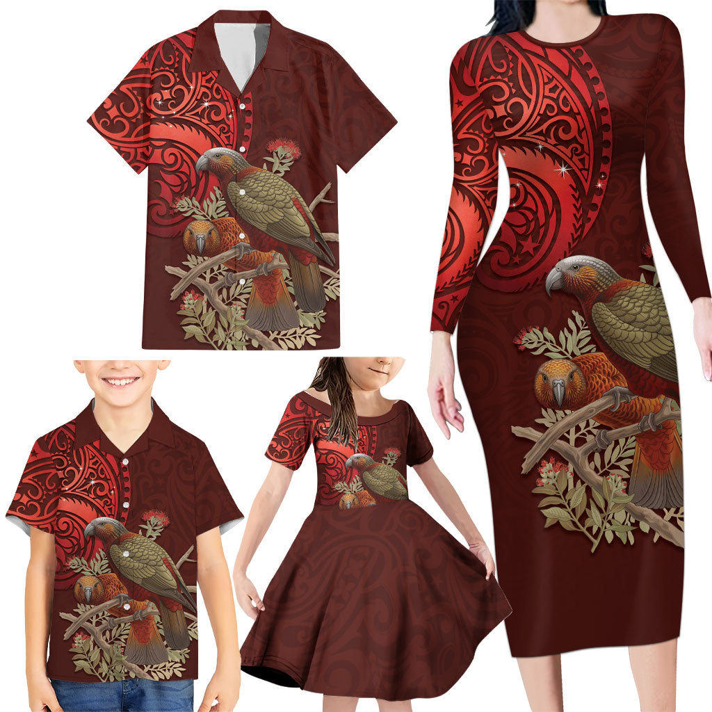 New Zealand Kaka Bird Personalised Family Matching Long Sleeve Bodycon Dress and Hawaiian Shirt Pohutukawa Matariki Maori Pattern LT22 - Polynesian Pride