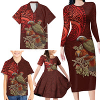 New Zealand Kaka Bird Personalised Family Matching Long Sleeve Bodycon Dress and Hawaiian Shirt Pohutukawa Matariki Maori Pattern LT22 - Polynesian Pride
