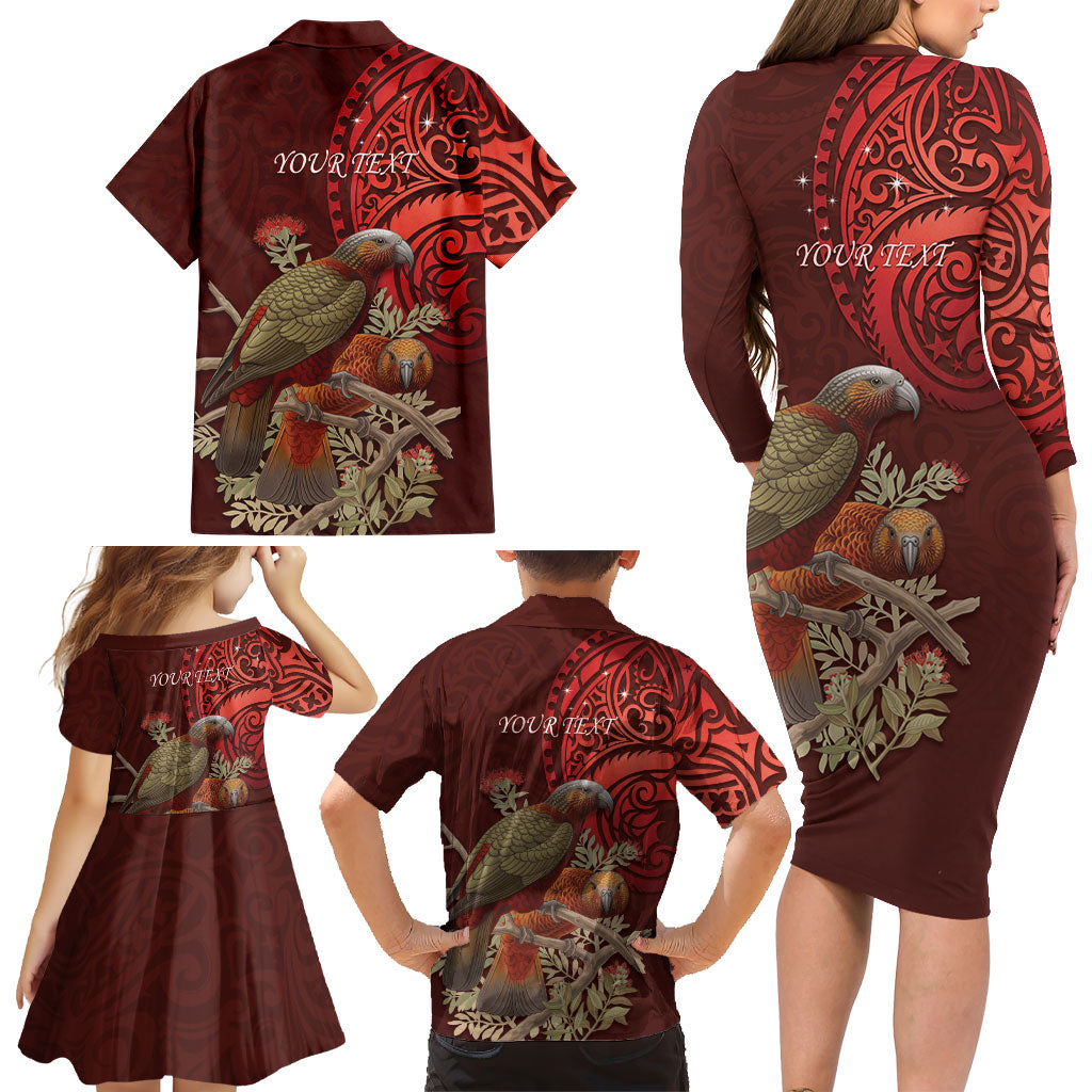 New Zealand Kaka Bird Personalised Family Matching Long Sleeve Bodycon Dress and Hawaiian Shirt Pohutukawa Matariki Maori Pattern LT22 - Polynesian Pride
