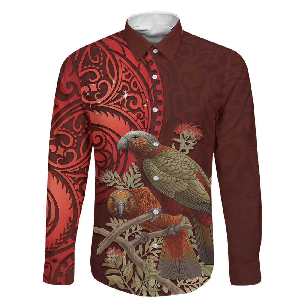 New Zealand Kaka Bird Personalised Family Matching Long Sleeve Bodycon Dress and Hawaiian Shirt Pohutukawa Matariki Maori Pattern LT22 Dad's Shirt - Long Sleeve Red - Polynesian Pride