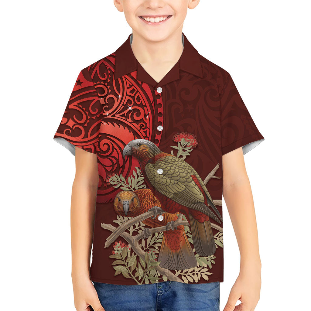 New Zealand Kaka Bird Personalised Family Matching Long Sleeve Bodycon Dress and Hawaiian Shirt Pohutukawa Matariki Maori Pattern LT22 Son's Shirt Red - Polynesian Pride