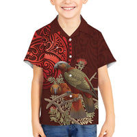 New Zealand Kaka Bird Personalised Family Matching Long Sleeve Bodycon Dress and Hawaiian Shirt Pohutukawa Matariki Maori Pattern LT22 Son's Shirt Red - Polynesian Pride