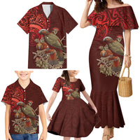 New Zealand Kaka Bird Personalised Family Matching Mermaid Dress and Hawaiian Shirt Pohutukawa Matariki Maori Pattern LT22 - Polynesian Pride