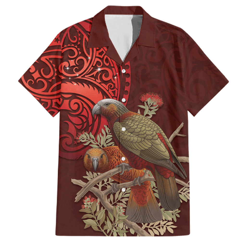 New Zealand Kaka Bird Personalised Family Matching Mermaid Dress and Hawaiian Shirt Pohutukawa Matariki Maori Pattern LT22 Dad's Shirt - Short Sleeve Red - Polynesian Pride