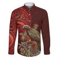 New Zealand Kaka Bird Personalised Family Matching Mermaid Dress and Hawaiian Shirt Pohutukawa Matariki Maori Pattern LT22 Dad's Shirt - Long Sleeve Red - Polynesian Pride