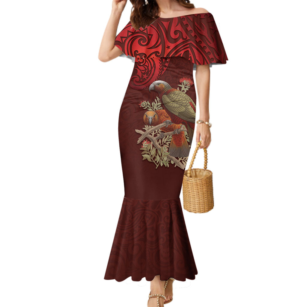 New Zealand Kaka Bird Personalised Family Matching Mermaid Dress and Hawaiian Shirt Pohutukawa Matariki Maori Pattern LT22 Mom's Dress Red - Polynesian Pride