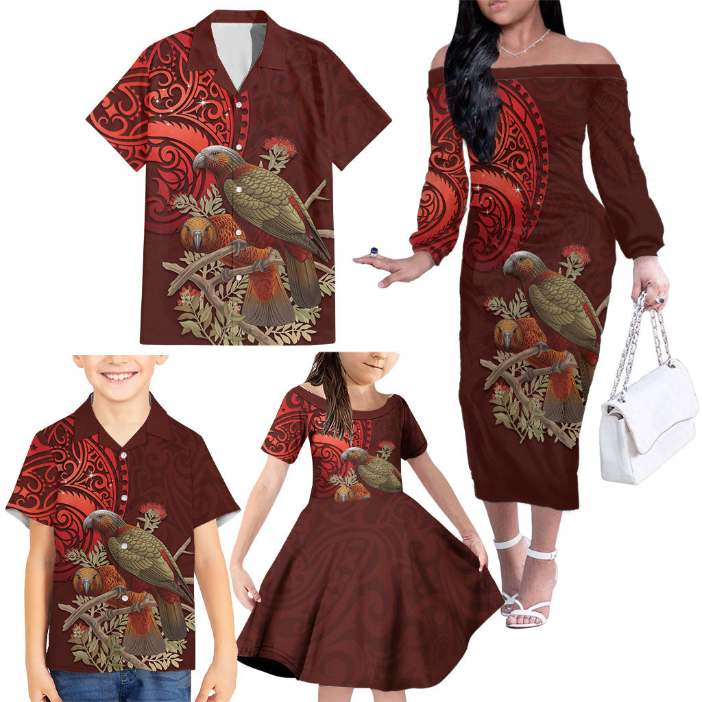 New Zealand Kaka Bird Personalised Family Matching Off The Shoulder Long Sleeve Dress and Hawaiian Shirt Pohutukawa Matariki Maori Pattern