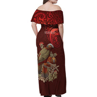 New Zealand Kaka Bird Personalised Family Matching Off Shoulder Maxi Dress and Hawaiian Shirt Pohutukawa Matariki Maori Pattern