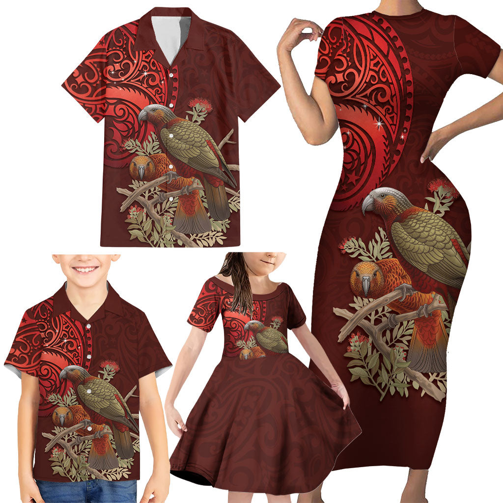 New Zealand Kaka Bird Personalised Family Matching Short Sleeve Bodycon Dress and Hawaiian Shirt Pohutukawa Matariki Maori Pattern