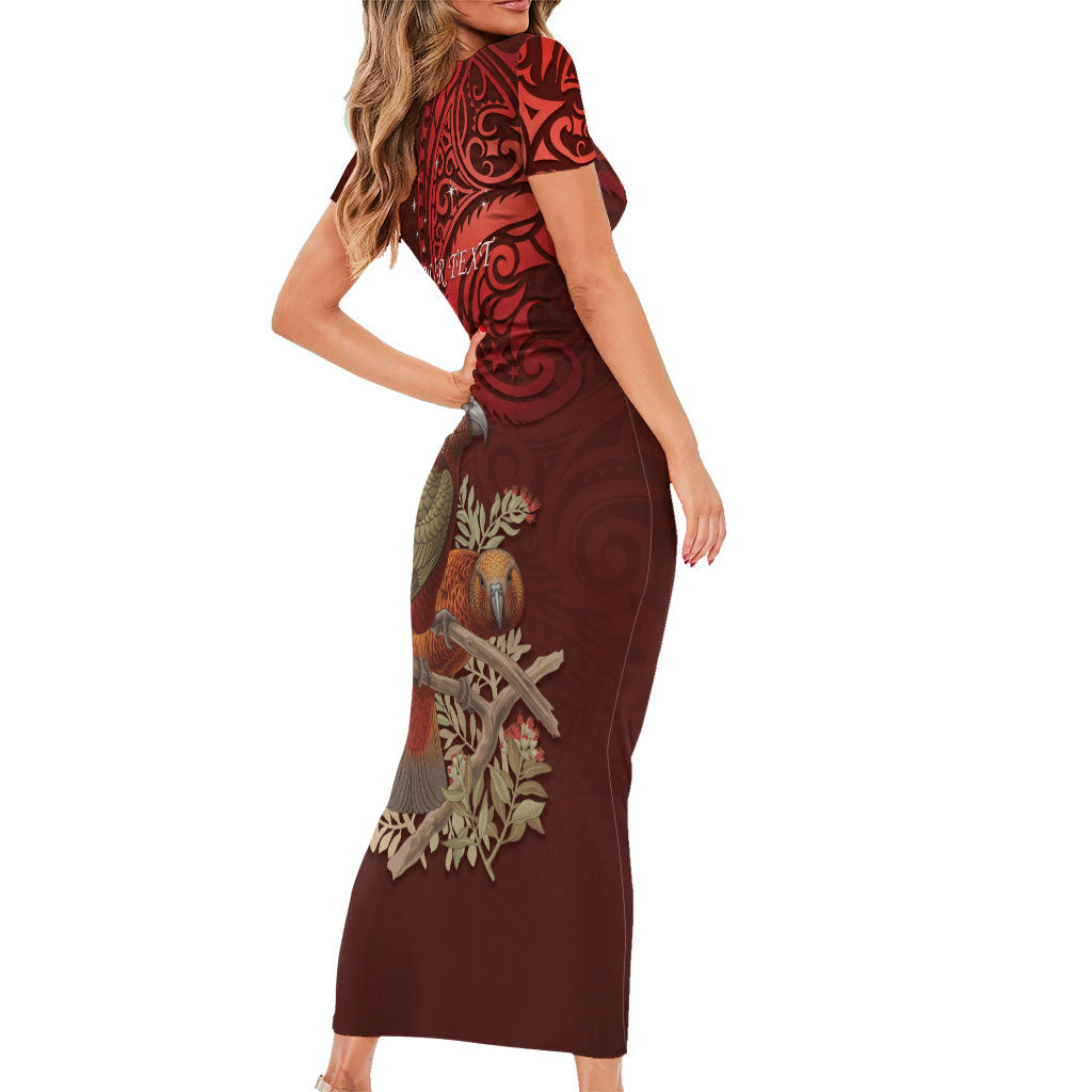 New Zealand Kaka Bird Personalised Family Matching Short Sleeve Bodycon Dress and Hawaiian Shirt Pohutukawa Matariki Maori Pattern