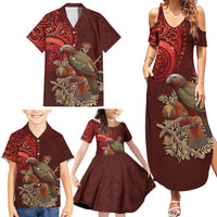 New Zealand Kaka Bird Personalised Family Matching Summer Maxi Dress and Hawaiian Shirt Pohutukawa Matariki Maori Pattern