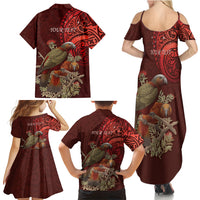 New Zealand Kaka Bird Personalised Family Matching Summer Maxi Dress and Hawaiian Shirt Pohutukawa Matariki Maori Pattern
