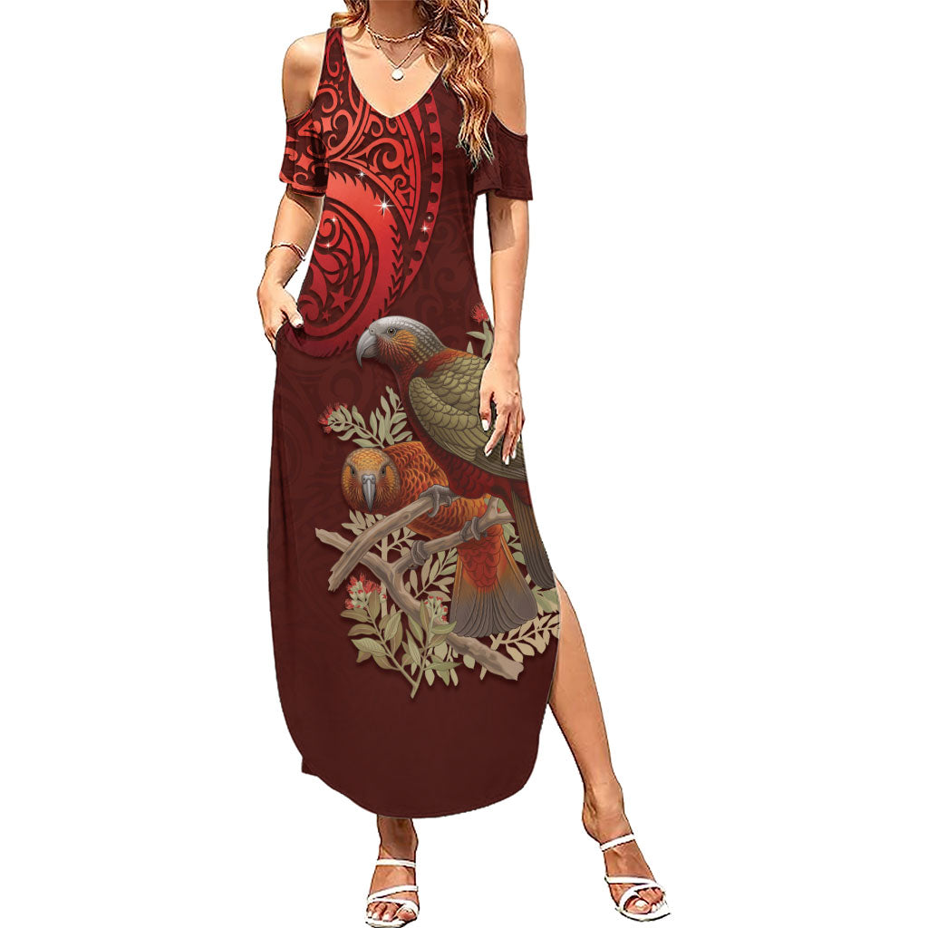 New Zealand Kaka Bird Personalised Family Matching Summer Maxi Dress and Hawaiian Shirt Pohutukawa Matariki Maori Pattern
