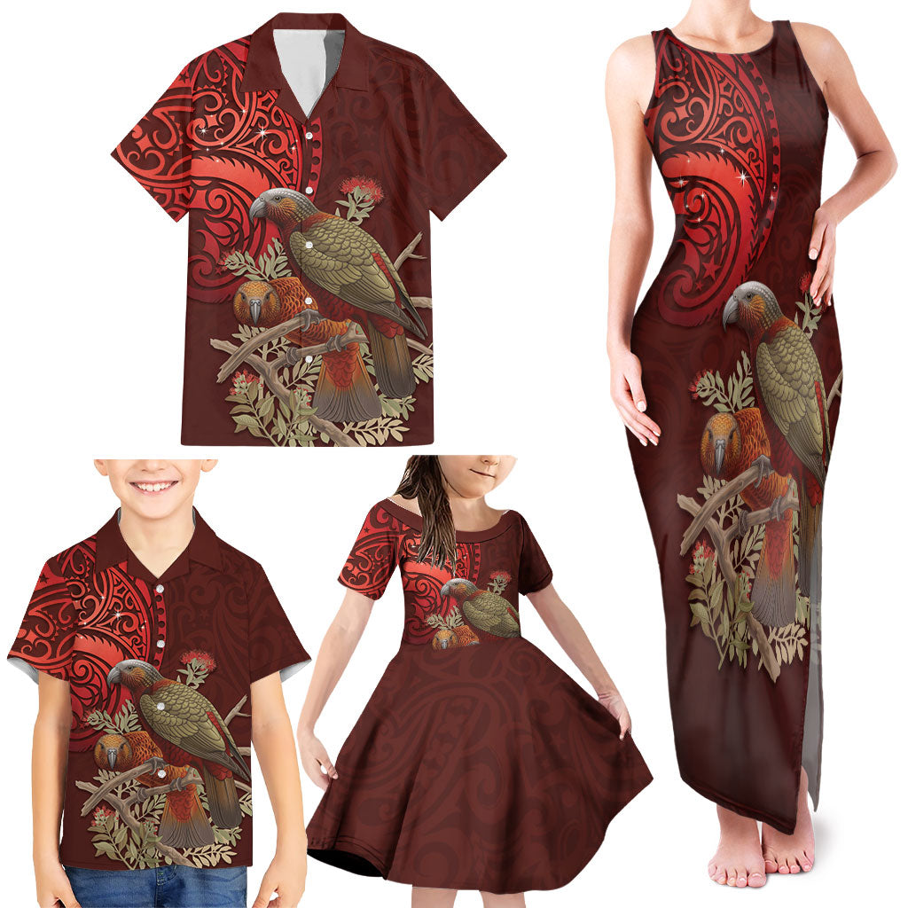 New Zealand Kaka Bird Personalised Family Matching Tank Maxi Dress and Hawaiian Shirt Pohutukawa Matariki Maori Pattern