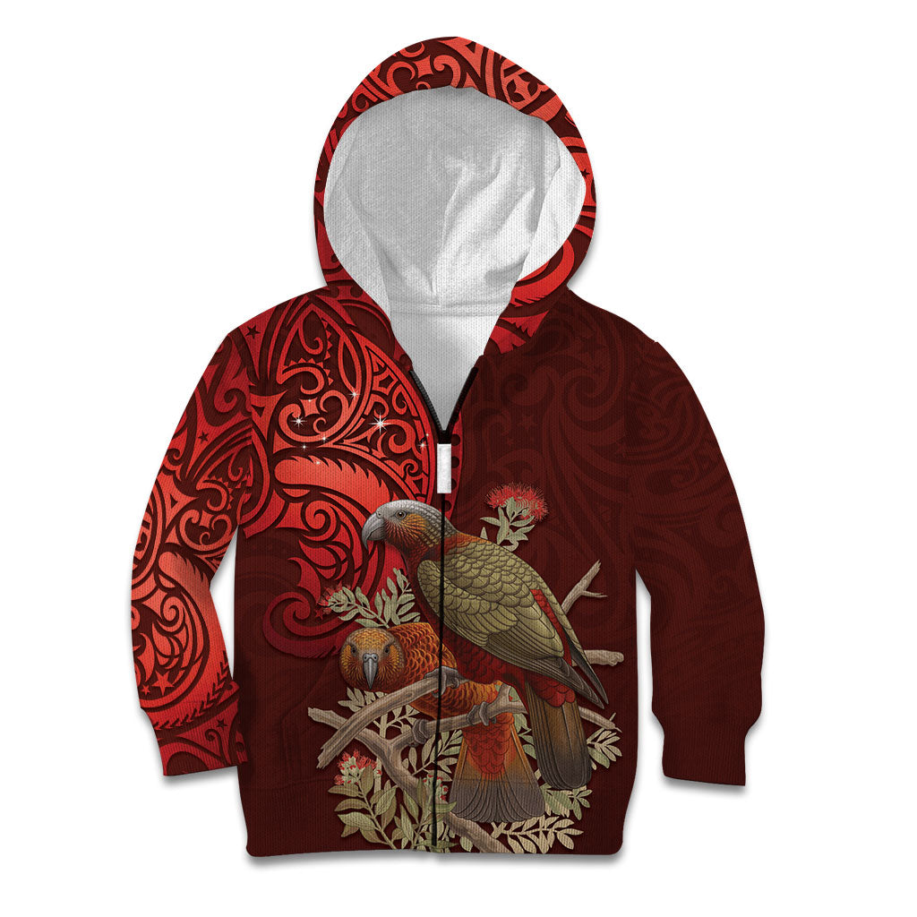New Zealand Kaka Bird Personalised Kid Hoodie Pohutukawa Matariki Maori Pattern