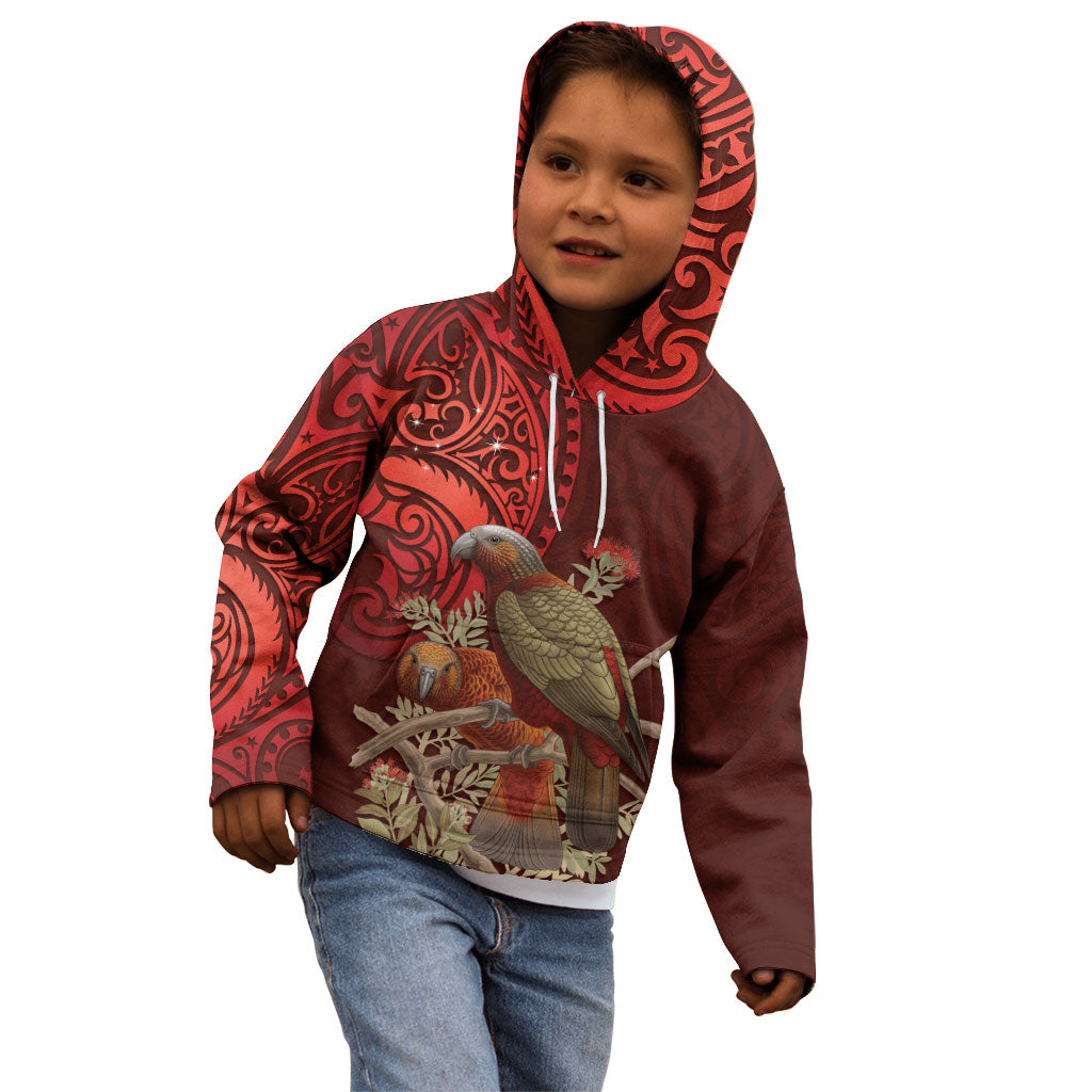 New Zealand Kaka Bird Personalised Kid Hoodie Pohutukawa Matariki Maori Pattern