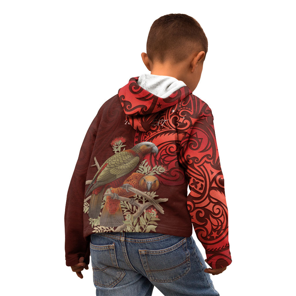 New Zealand Kaka Bird Personalised Kid Hoodie Pohutukawa Matariki Maori Pattern