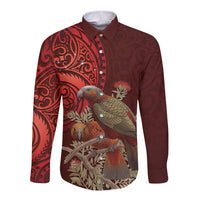 New Zealand Kaka Bird Personalised Long Sleeve Button Shirt Pohutukawa Matariki Maori Pattern
