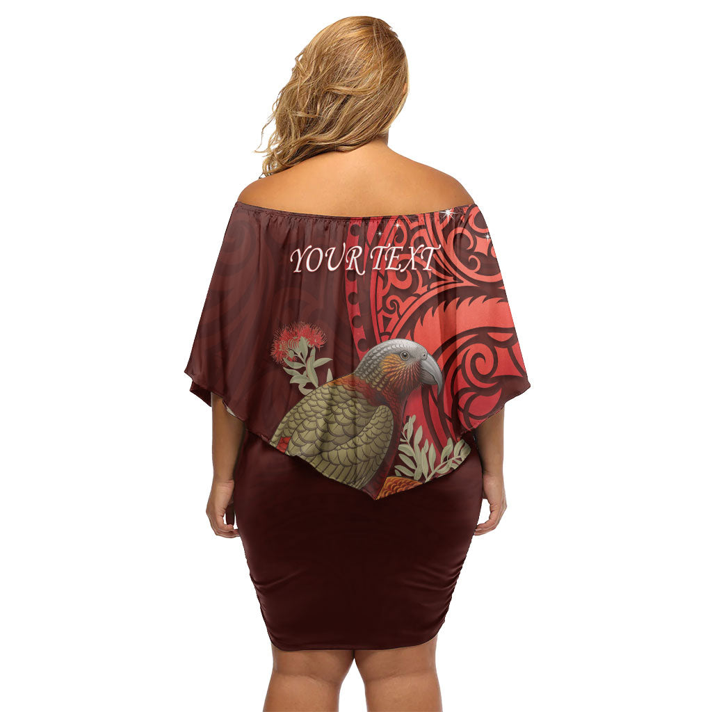 New Zealand Kaka Bird Personalised Off Shoulder Short Dress Pohutukawa Matariki Maori Pattern