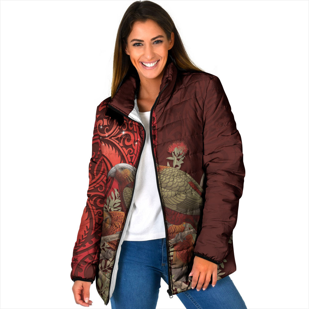 New Zealand Kaka Bird Personalised Padded Jacket Pohutukawa Matariki Maori Pattern