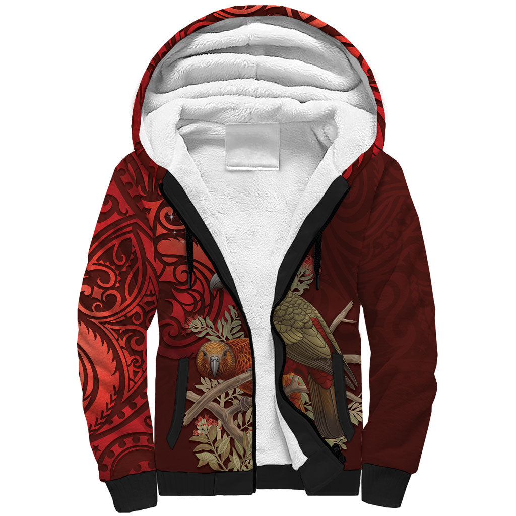 New Zealand Kaka Bird Personalised Sherpa Hoodie Pohutukawa Matariki Maori Pattern