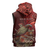 New Zealand Kaka Bird Personalised Sleeveless Hoodie Pohutukawa Matariki Maori Pattern