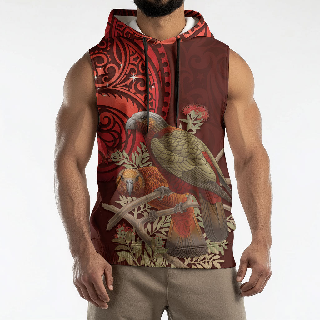 New Zealand Kaka Bird Personalised Sleeveless Hoodie Pohutukawa Matariki Maori Pattern