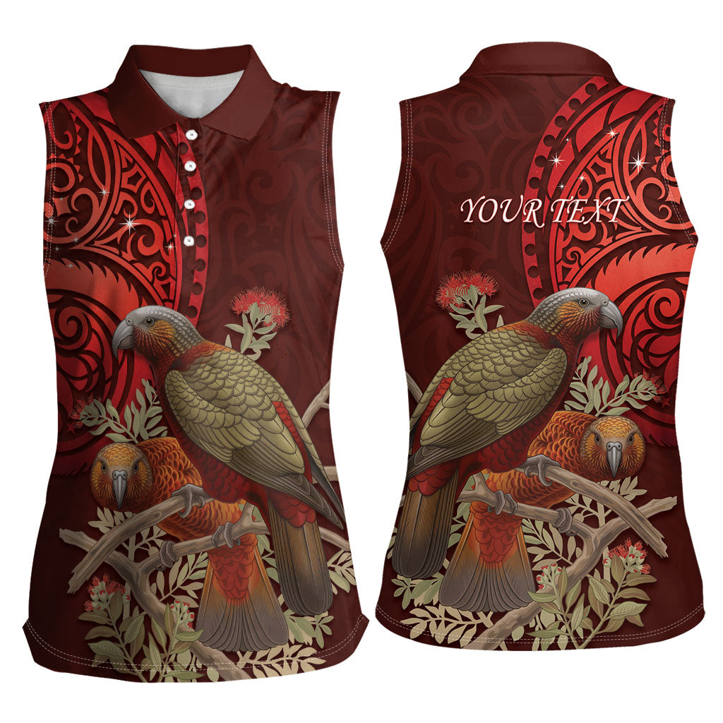 New Zealand Kaka Bird Personalised Women Sleeveless Polo Shirt Pohutukawa Matariki Maori Pattern
