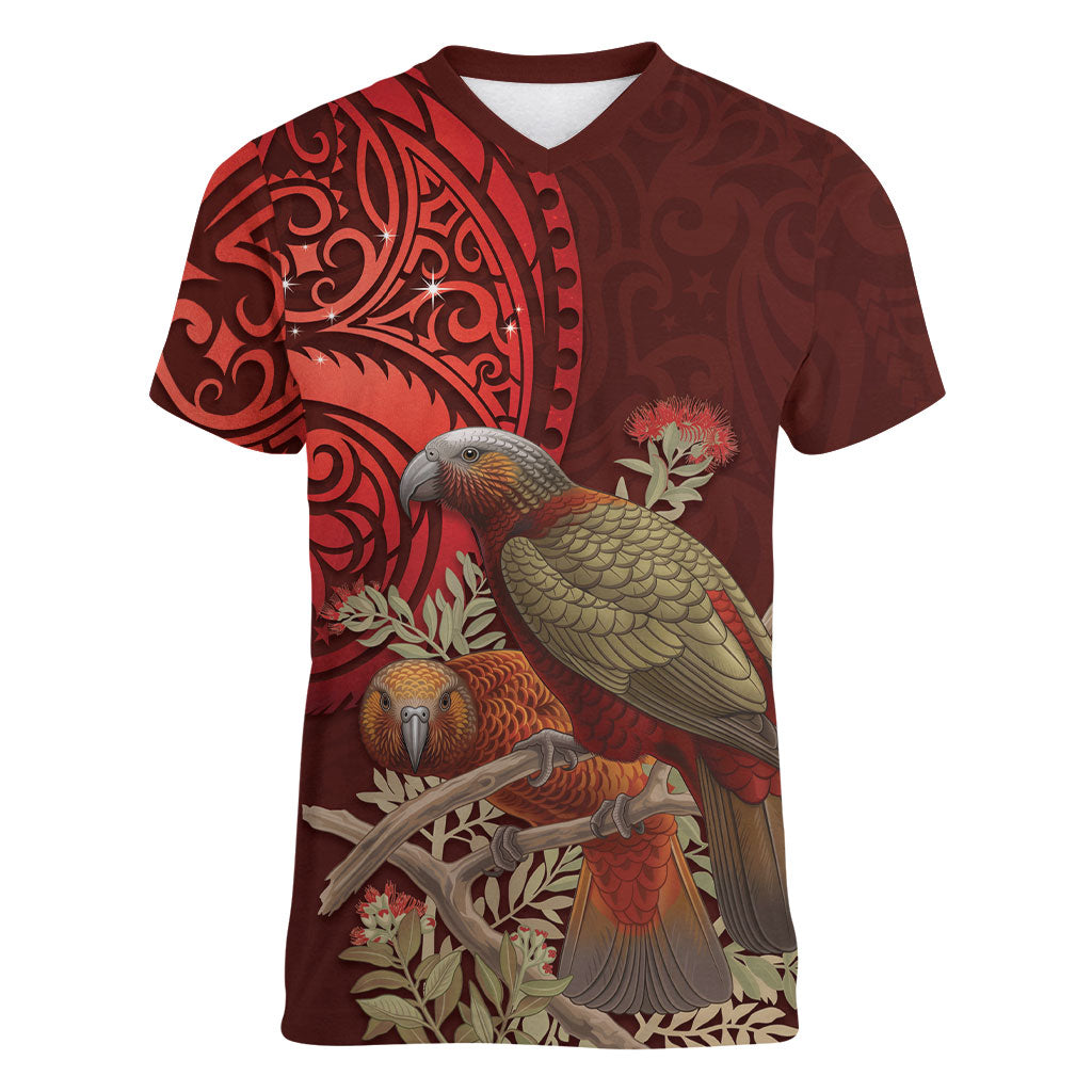New Zealand Kaka Bird Personalised Women V-Neck T-Shirt Pohutukawa Matariki Maori Pattern