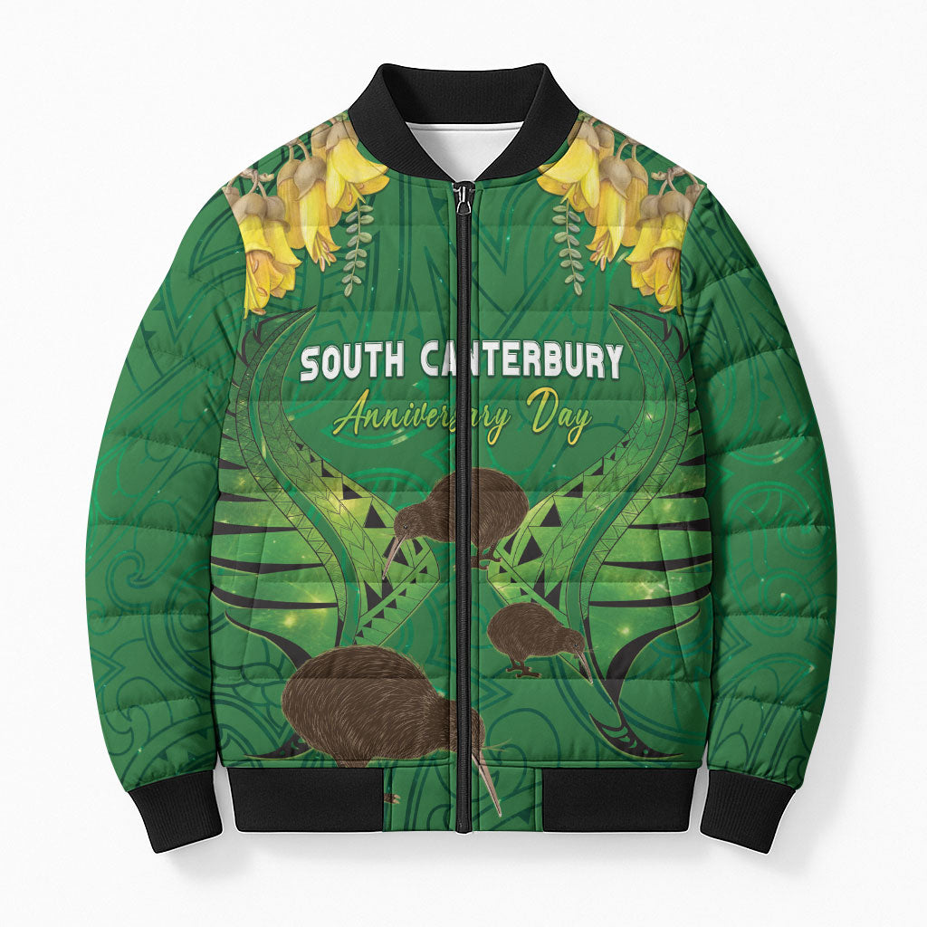 Personalised South Canterbury Anniversary Day Bomber Puffer Jacket Kiwi Kowhai Silver Fern Maori Pattern LT22 Unisex Green - Polynesian Pride