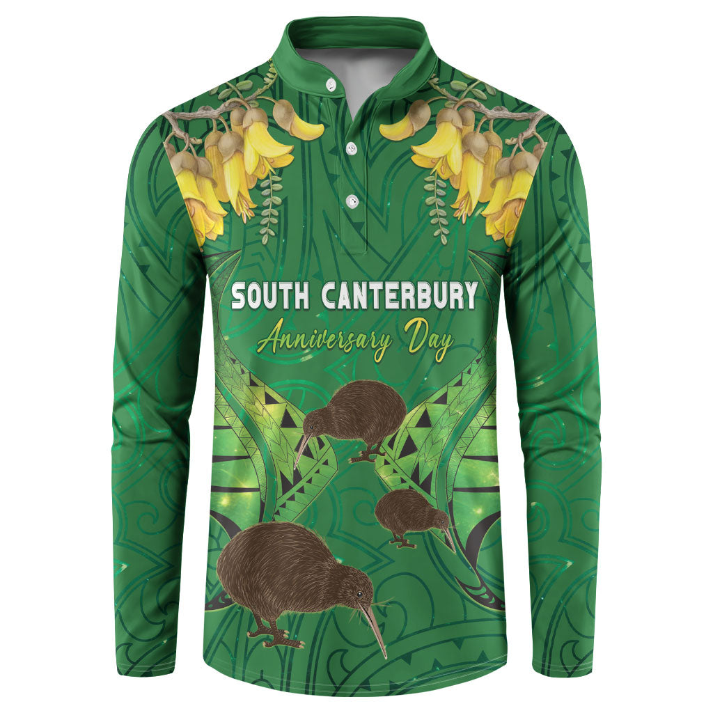 Personalised South Canterbury Anniversary Day Button Sweatshirt Kiwi Kowhai Silver Fern Maori Pattern LT22 Green - Polynesian Pride