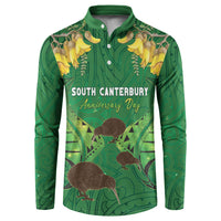 Personalised South Canterbury Anniversary Day Button Sweatshirt Kiwi Kowhai Silver Fern Maori Pattern LT22 Green - Polynesian Pride