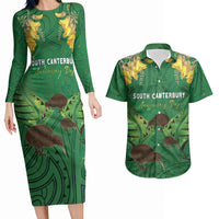 Personalised South Canterbury Anniversary Day Couples Matching Long Sleeve Bodycon Dress and Hawaiian Shirt Kiwi Kowhai Silver Fern Maori Pattern LT22 Green - Polynesian Pride