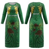 Personalised South Canterbury Anniversary Day Couples Matching Long Sleeve Bodycon Dress and Hawaiian Shirt Kiwi Kowhai Silver Fern Maori Pattern LT22 - Polynesian Pride