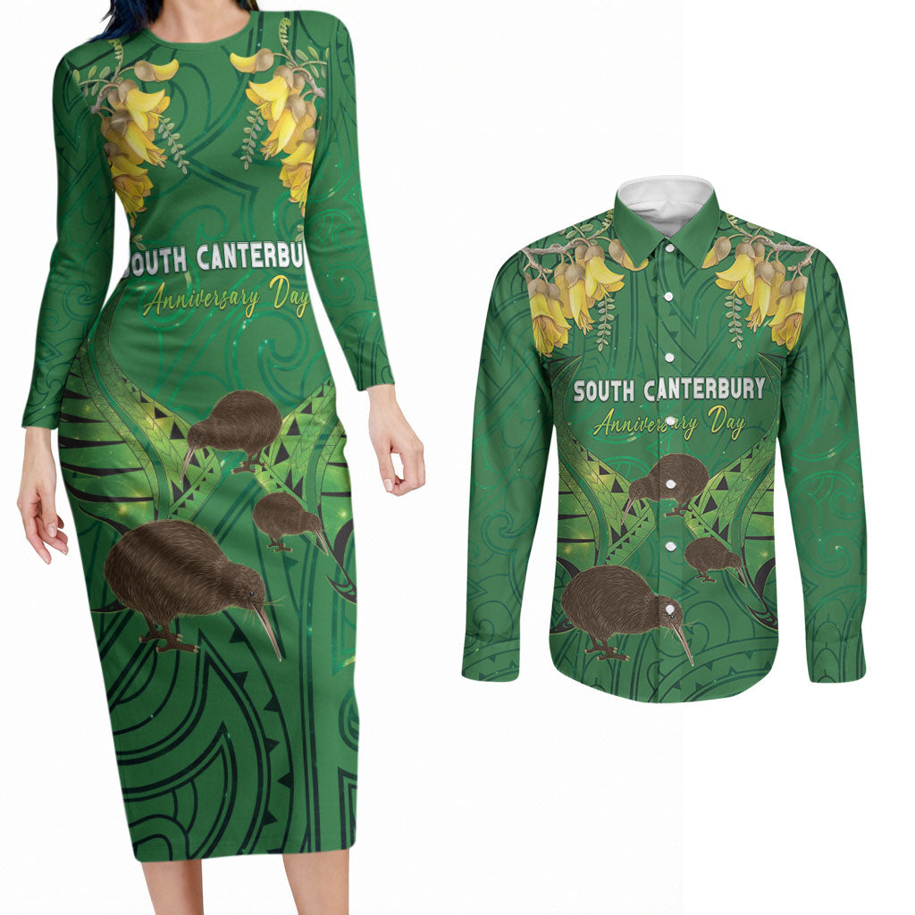 Personalised South Canterbury Anniversary Day Couples Matching Long Sleeve Bodycon Dress and Long Sleeve Button Shirt Kiwi Kowhai Silver Fern Maori Pattern LT22 Green - Polynesian Pride