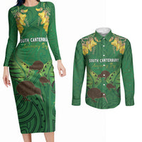 Personalised South Canterbury Anniversary Day Couples Matching Long Sleeve Bodycon Dress and Long Sleeve Button Shirt Kiwi Kowhai Silver Fern Maori Pattern LT22 Green - Polynesian Pride