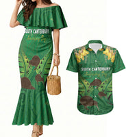 Personalised South Canterbury Anniversary Day Couples Matching Mermaid Dress and Hawaiian Shirt Kiwi Kowhai Silver Fern Maori Pattern LT22 Green - Polynesian Pride
