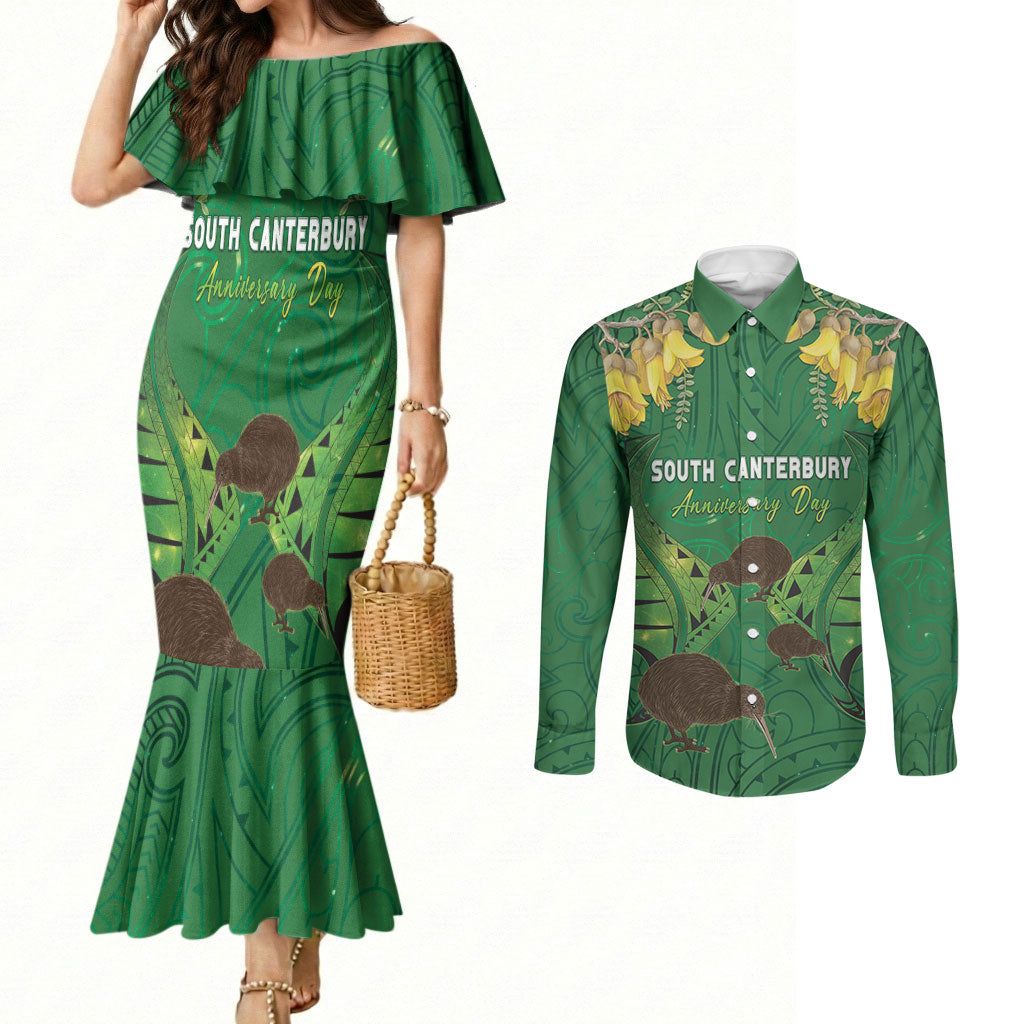 Personalised South Canterbury Anniversary Day Couples Matching Mermaid Dress and Long Sleeve Button Shirt Kiwi Kowhai Silver Fern Maori Pattern LT22 Green - Polynesian Pride