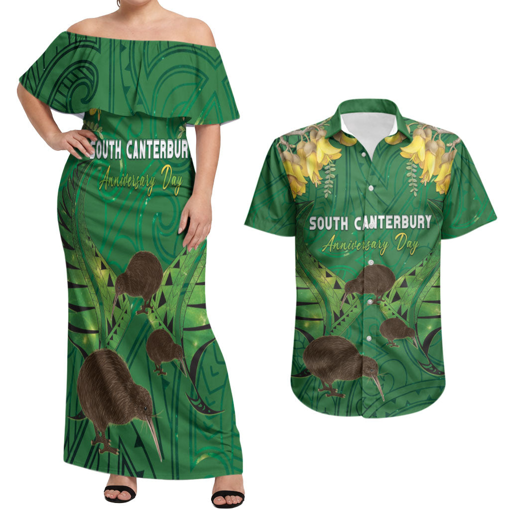 Personalised South Canterbury Anniversary Day Couples Matching Off Shoulder Maxi Dress and Hawaiian Shirt Kiwi Kowhai Silver Fern Maori Pattern LT22 Green - Polynesian Pride