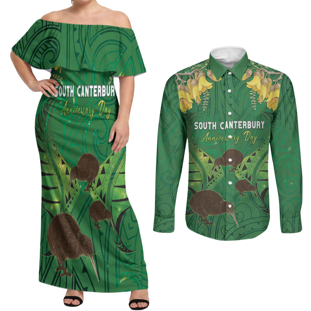 Personalised South Canterbury Anniversary Day Couples Matching Off Shoulder Maxi Dress and Long Sleeve Button Shirt Kiwi Kowhai Silver Fern Maori Pattern