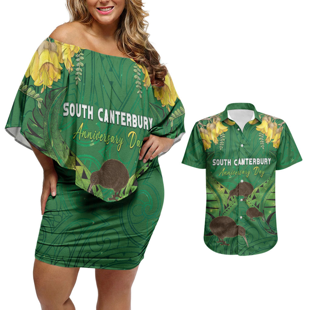 Personalised South Canterbury Anniversary Day Couples Matching Off Shoulder Short Dress and Hawaiian Shirt Kiwi Kowhai Silver Fern Maori Pattern LT22 Green - Polynesian Pride