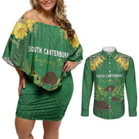 Personalised South Canterbury Anniversary Day Couples Matching Off Shoulder Short Dress and Long Sleeve Button Shirt Kiwi Kowhai Silver Fern Maori Pattern LT22 Green - Polynesian Pride
