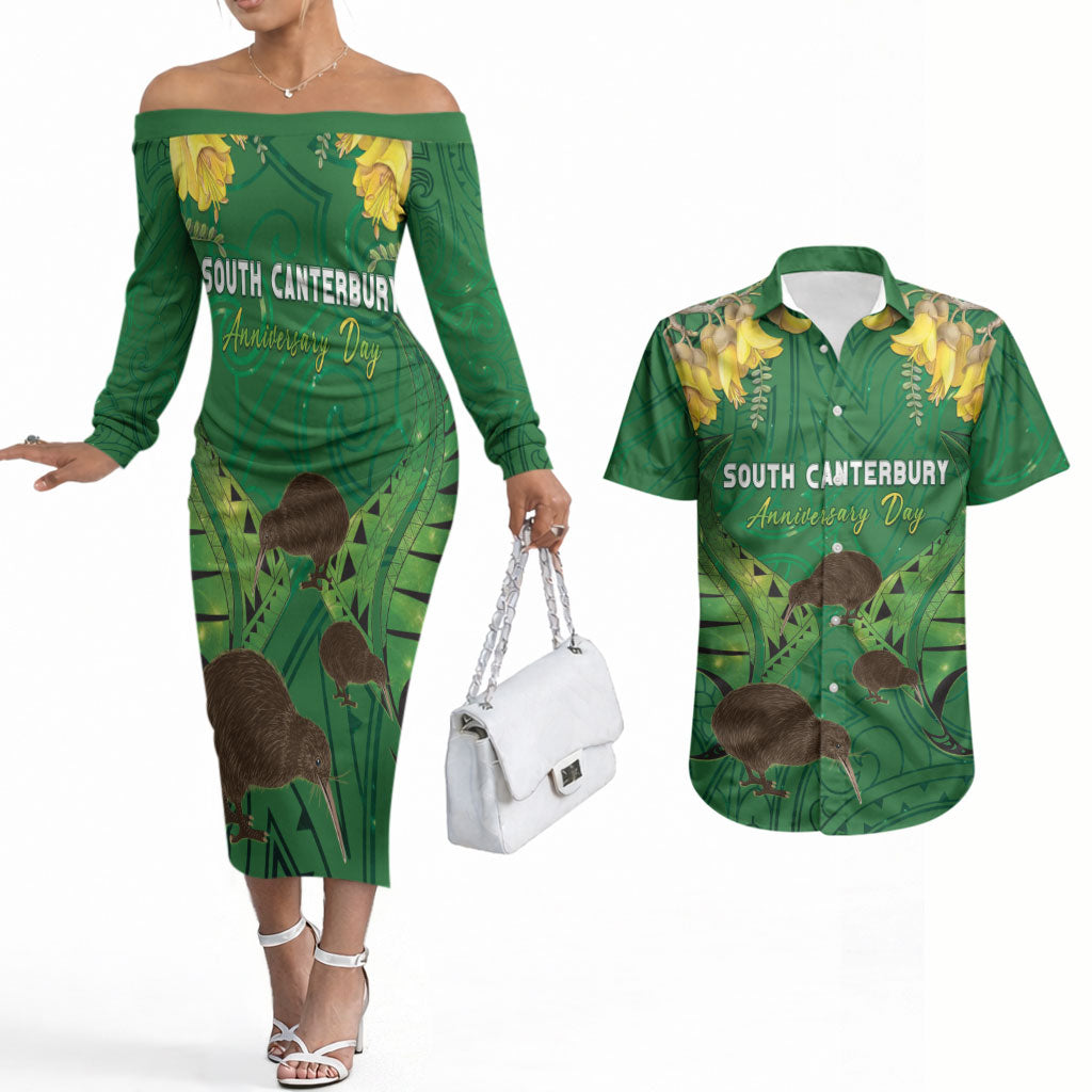 Personalised South Canterbury Anniversary Day Couples Matching Off The Shoulder Long Sleeve Dress and Hawaiian Shirt Kiwi Kowhai Silver Fern Maori Pattern LT22 Green - Polynesian Pride