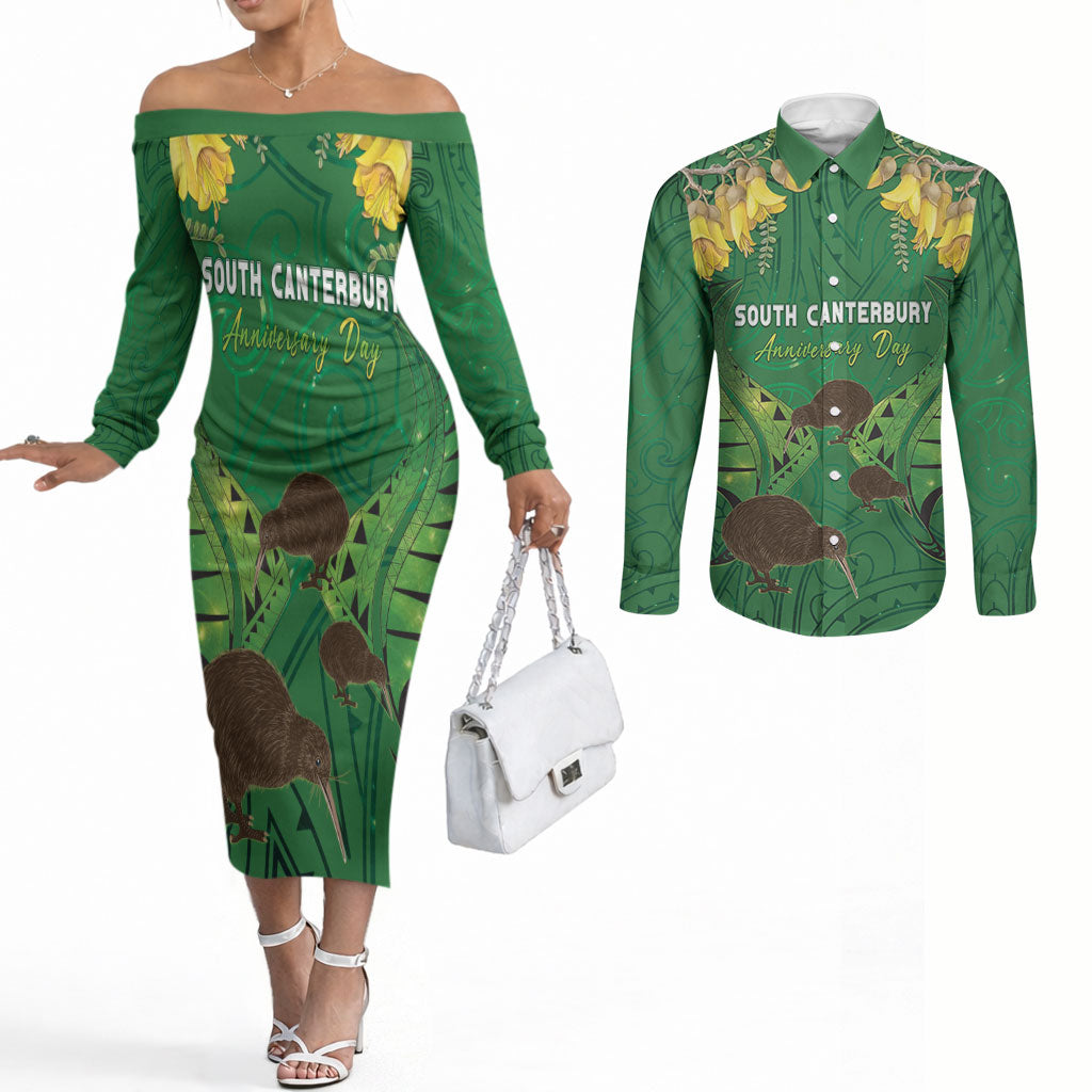 Personalised South Canterbury Anniversary Day Couples Matching Off The Shoulder Long Sleeve Dress and Long Sleeve Button Shirt Kiwi Kowhai Silver Fern Maori Pattern