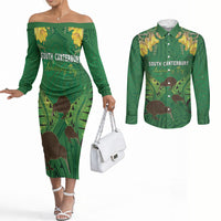 Personalised South Canterbury Anniversary Day Couples Matching Off The Shoulder Long Sleeve Dress and Long Sleeve Button Shirt Kiwi Kowhai Silver Fern Maori Pattern LT22 Green - Polynesian Pride