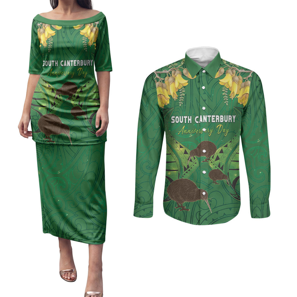 Personalised South Canterbury Anniversary Day Couples Matching Puletasi and Long Sleeve Button Shirt Kiwi Kowhai Silver Fern Maori Pattern LT22 Green - Polynesian Pride