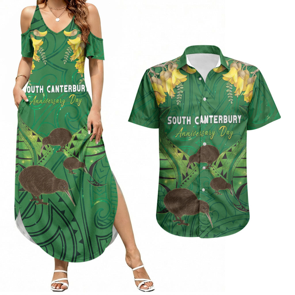 Personalised South Canterbury Anniversary Day Couples Matching Summer Maxi Dress and Hawaiian Shirt Kiwi Kowhai Silver Fern Maori Pattern LT22 Green - Polynesian Pride